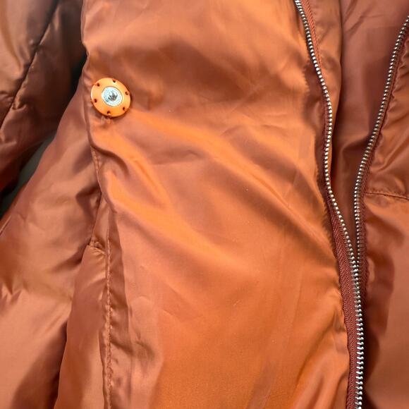 Surlansive Orange Mid Lenght Down Puffer Coat Women’s Fur Hood Size 36 - Picture 15 of 16